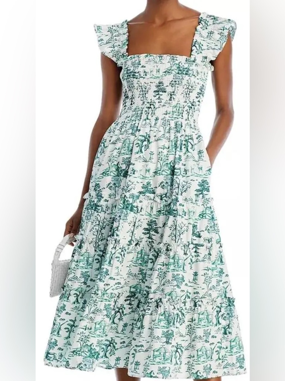 Aqua White Maxi Dress with Green Toile Print